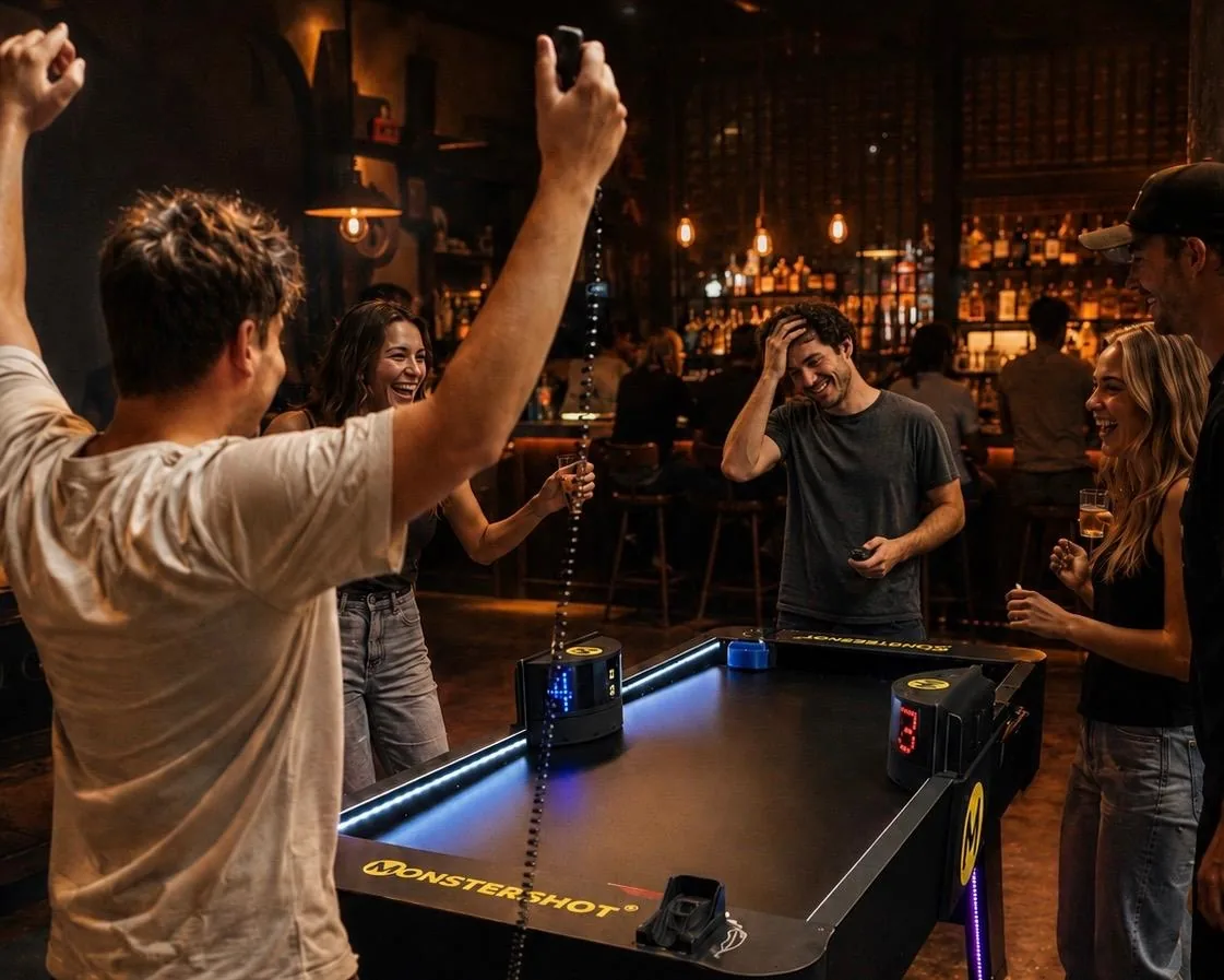 Gäste jubeln am Monstershot®-Spieltisch in einer Bar, ein Spieler reißt den Controller in die Höhe